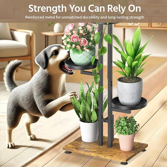 LASZOLA Black 3 Tiered Plant Stand Indoors Heavy Duty Metal Rack, Sturdy Multi Level Shleving Hold Flowers, Larger House Decorate Ladder for Planting Inside Tree Herb Cactus, Wooden Base, Space Saving