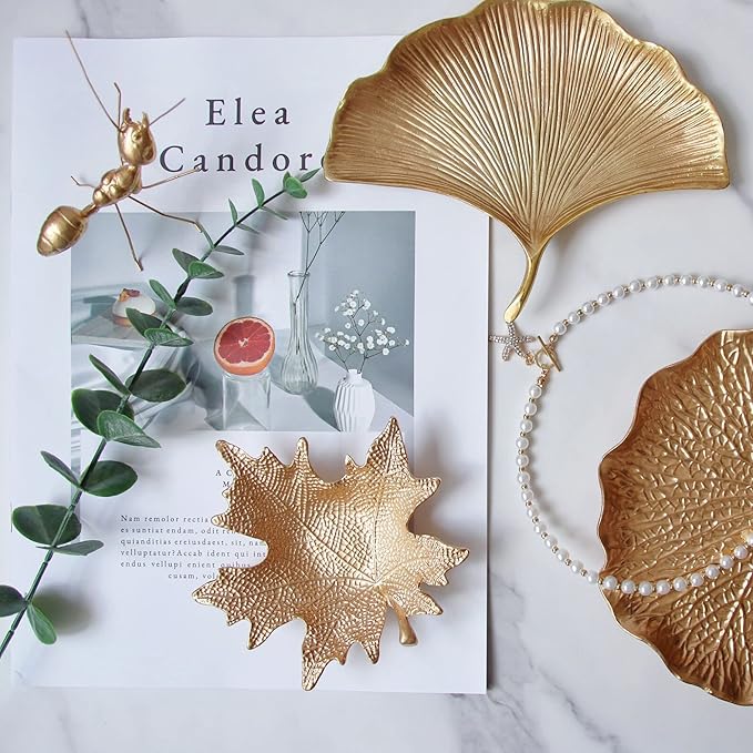 Metal Jewelry Dish, Small Leaf Shaped Ring Holder Jewelry Organizer, Trinket Dish Vanity Tray for Dresser Christmas Birthday Wedding Gifts Large Ginkgo-Gold