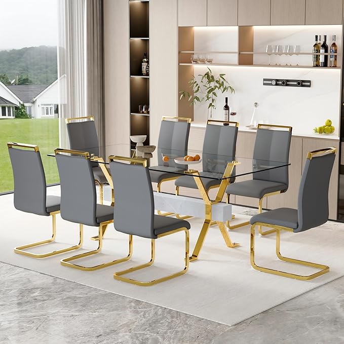 9 Piece Glass Dining Table Set, 79" Modern Dining Table Set for 8, 0.5" Thick Tempered Glass Tabletop with Silver Chrome Metal Legs and Grey Crossbar, 8 PU Chairs for Dining Room, Kitchen