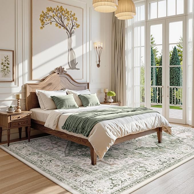 LIVEBOX Washable Area Rug 8x10 - Large Vintage Tribal Living Room Rug Oriental Rugs for Bedroom, Non-Slip Retro Medallion Carpet Print Distressed Rugs for Dining Room Home Office Sage