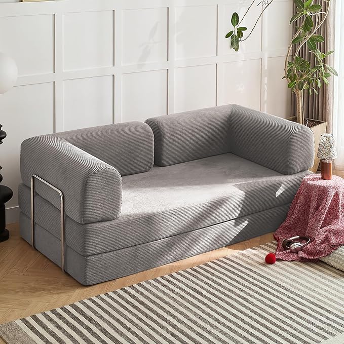 Modern Convertible Lounge Chair, Corduroy Fabric, Square Platform Design with Metal Frame, Floor Sofa Bed with Fixed-Shape Frame,Living Room Seating with Armrest (Grey, 2-Seater Sofa)