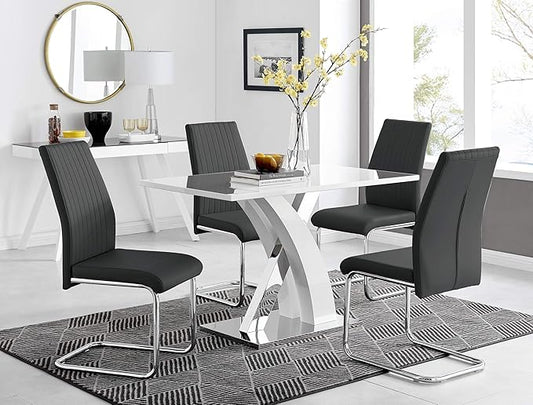 Atlanta White High Gloss and Chrome Metal Rectangle Dining Table and 4 Black Lorenzo Dining Chairs Set
