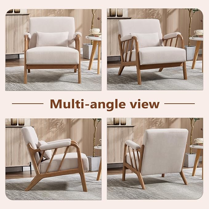 ANJ Mid Century Modern Accent Chair，Living Room Chairs with Wood Frame &Lumbar Pillow, Upholstered Reading Armchair for Bedroom
