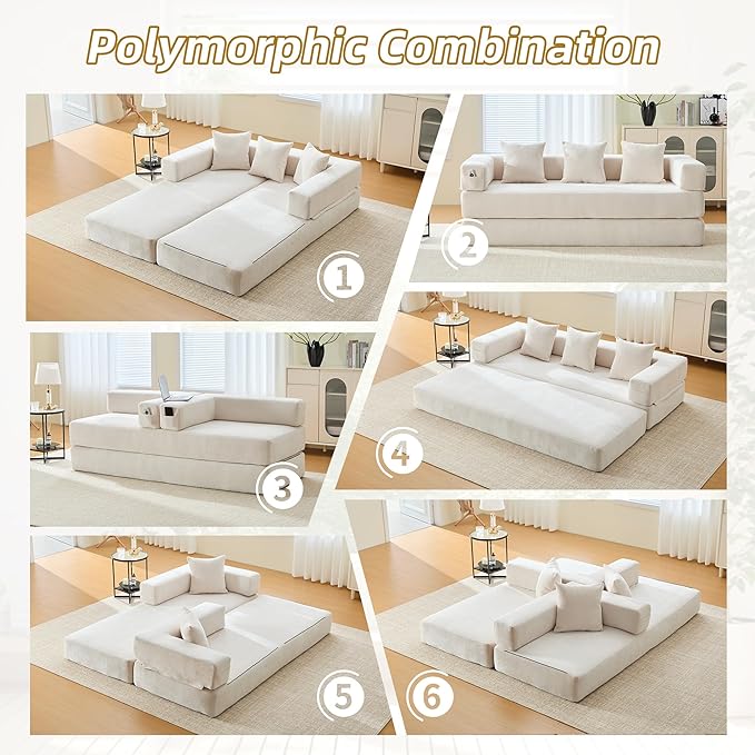 Comfy Convertible Folding Mattress Couch, Floor Sofa Bed, Chenille Floor Sofa with Armrest, Floor Sofa Lounge Couch for Living Room Bedroom Lounge Studio-Beige White