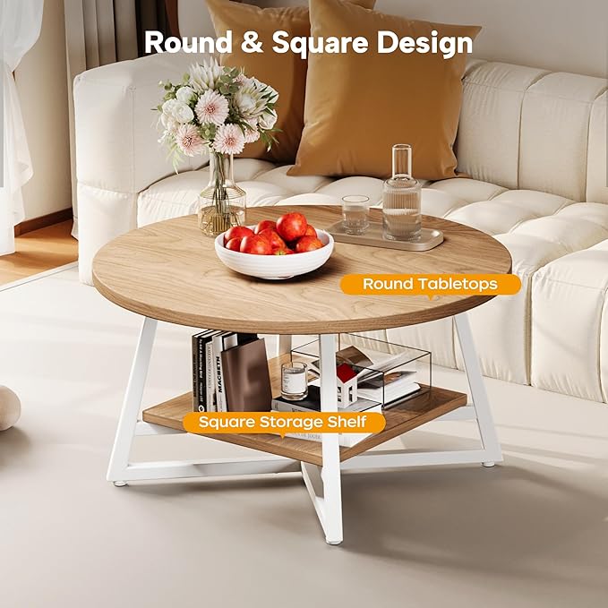 Coffee Table for Living Room, Round Coffee Table, Small Circle Coffee Table with Storage, Modern Wood Round Center Table for Home Office, Small Space, Easy Assembly, Light Coffee