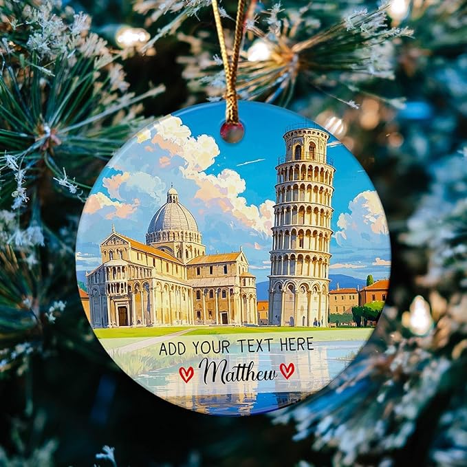 Leaning Tower of Pisa Italy Ceramic Christmas Ornament 2025, Personalized Pisa Italy Landscape Ornament for Xmas Tree, Custom Text/Name Italian Vacation Keepsake Ornaments Gift for Family Friends