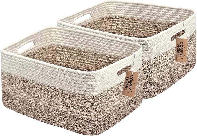 COMFY-HOMI 2 pcs Large Storage Baskets for Shelves, Laundry Basket, Woven Rope Basket, Closet Organizer Bins for Clothes Blanket Towels, Baby Nursery, Gift Toy Baskets, 17” x 13” x 7.5”-White/3 Brown