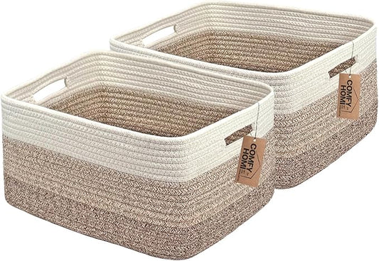 COMFY-HOMI 2 pcs Large Storage Baskets for Shelves, Laundry Basket, Woven Rope Basket, Closet Organizer Bins for Clothes Blanket Towels, Baby Nursery, Gift Toy Baskets, 17” x 13” x 7.5”-White/3 Brown