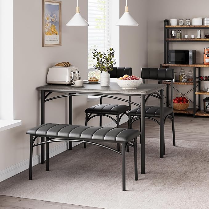 IDEALHOUSE Dining Table Set for 4, Kitchen Table with Chairs for 4, Rectangular Wood Dining Room Table Set with Upholstered Bench for Small Space, Dinner, Apartment, Retro Gray