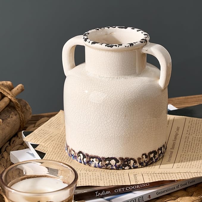 White Ceramic Vase with 2 Handles, 5.83 Inch Cute Retro Ice Cracked Flower Vase, Small Antique Vases for Modern Farmhouse Home Decor, Wedding, Living Room, Table, Shelf Decor, White