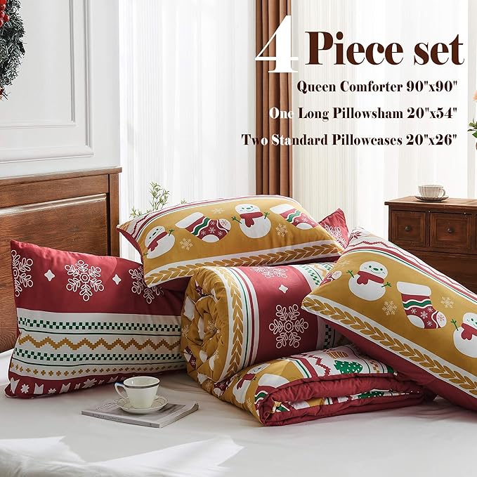 Bonlino Christmas Queen Comforter Set - 4 Pieces Christmas Fluffy Bedding Sets, Farmhouse Queen Size Bed with Boho Lightweight Bedding Xmas Red Striped Comforter Set