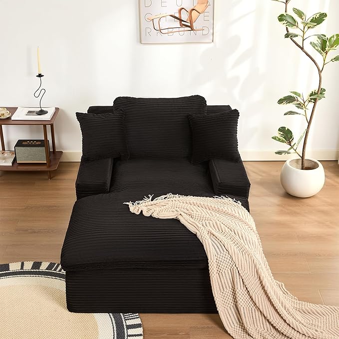63" Oversized Chaise Lounge Chair Indoor, Extra Cloud Layer, Convertible Sleeper Sofa Couch with Removable Pillows & Side Pockets, Corduroy Upholstered Sofa Bed with Armrests for Living Room, Black