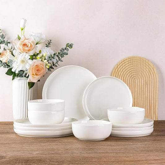 Ceramic Dinnerware Sets for 4,Handcraft Wavy Rim Stoneware Plates and Bowls Sets,Highly Chip and Crack Resistant | Dishwasher & Microwave & Oven Safe Dishes set,Service for 4 (12pc)-White &Wave
