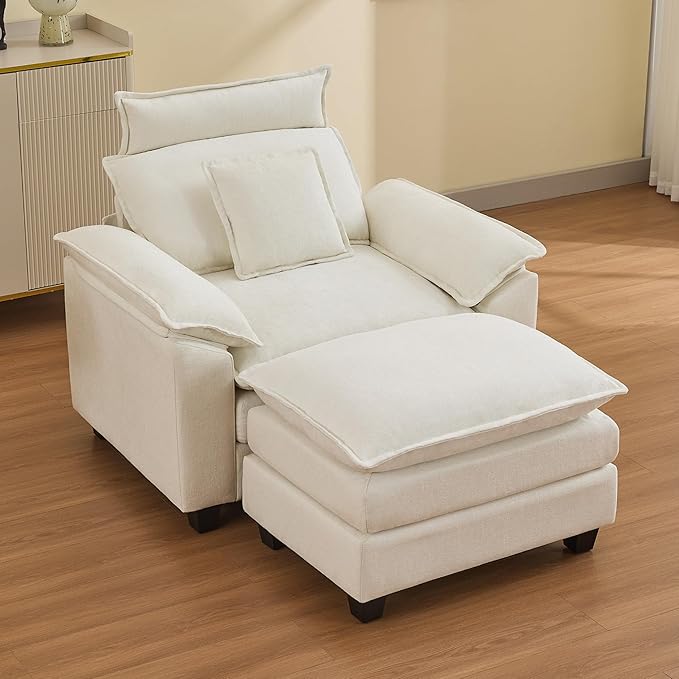 46''Cloud Oversized Sofa Chair with Detachable Headrest, Upholstered Comfy Arm Accent Chair with Ottoman,Modern Chenille Reading Lounge Armchair for Living Room,Bedroom, Beige