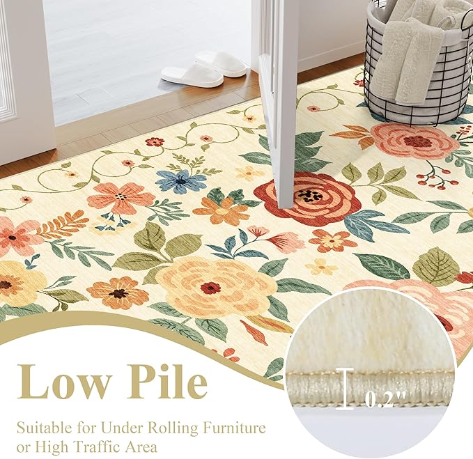 DUKINO 4x6 Area Rug, Lightweight Non Slip Washable Floral Rug, Indoor Low Pile & Non-Shedding Boho Design Rugs for Bedroom, Living Room, Dining Room, Beige Yellow