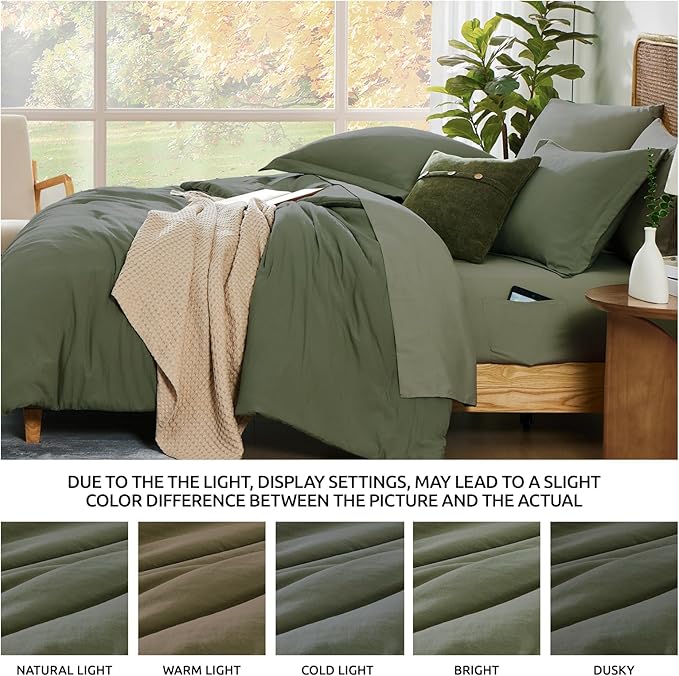 WRENSONGE Queen Comforter Set- 7 Pieces Soft Olive Green Bed in a Bag with Fitted Sheet, Flat Sheet, 2 Pillow Shams, and 2 Pillowcases- Warm Bedding Sets Queen for All Season