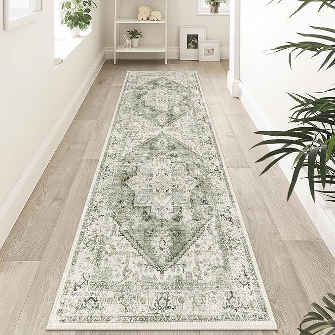 LIVEBOX Sage Green Runner Rug Non-Slip 2.5x8 - Oriental Bedroom Rugs Long Hallway Rugs for Home Decor, Low-Pile Vintage Carpet for Bathroom, Non-Slip Soft Carpet Throw Rug for Laundry Room