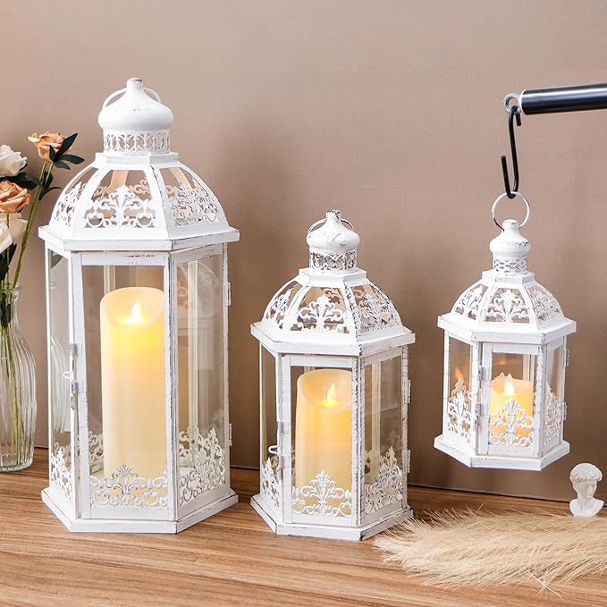 TRIROCKS Large Set of 3 Decorative Lanterns 19''&13.5''&9.5" H Vintage Hanging Lantern Metal Candleholder with Tempered Glass for Indoor Outdoor Home Decor Parties Garden(White with Grey Brush)