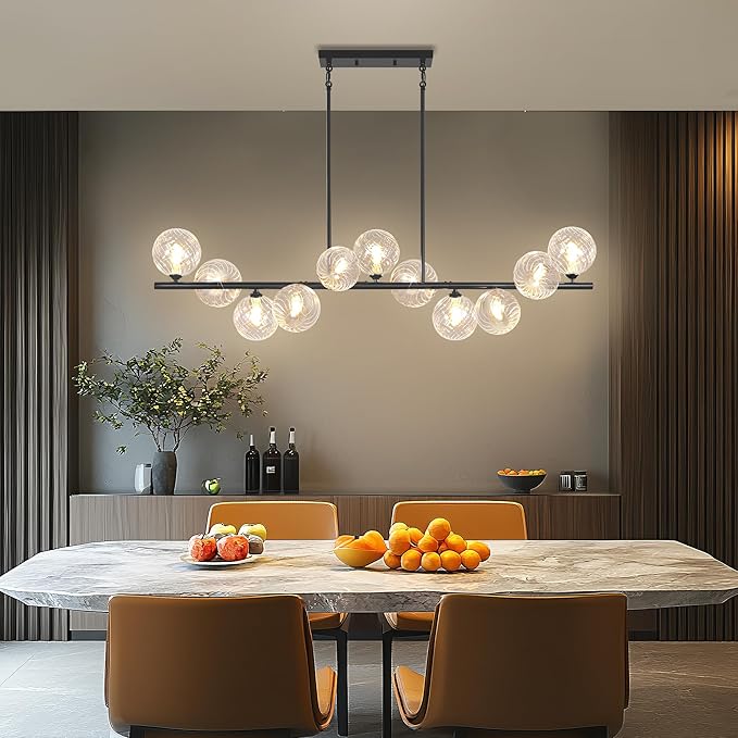 Linear Chandeliers for Dining Room, 51" Dining Room Light Fixture with Clear Swirled Glass Globe 11 Lights Black Sputnik Chandelier Bubble Large Chandelier Modern Farmhouse Island Light