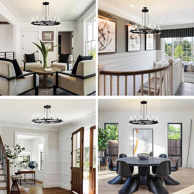 Modern 48" Black Wagon Wheel Chandelier, Black Farmhouse Chandeliers for Dining Room,16-Light Round Living Room Chandelier with Glass Tube for Bedroom,Staircase, Foyer, Entryway, Includes Bulbs