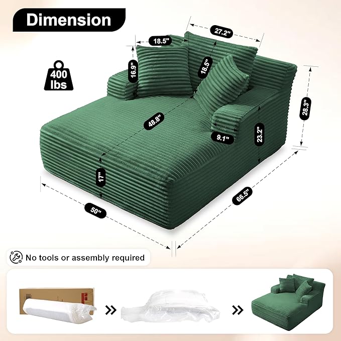 Boneless Couch Sofa Chiar Chaise Lounge Chair Indoor Upholstered Corduroy Couch Cloud Sleeper Sofa Oversized Reading Chair for Living Room No Assembly Required (Green, 50" W x 67" D)