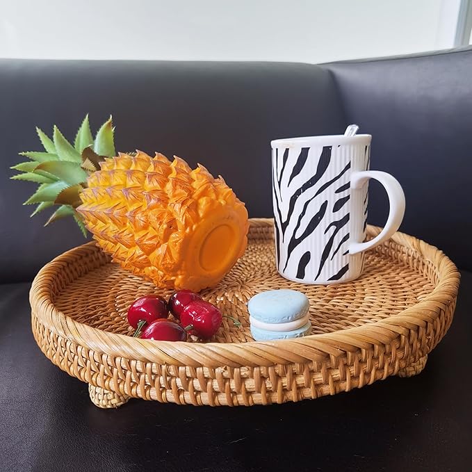 i-lan 12.5 Inch Round Rattan Serving Basket-Round Woven Bread, Fruit, Keys Bowl Pedestal Stand with 1”Side, Flat Wicker Decorative Snack Basket Trays for Candy Dish, Rustic Platter, Display Riser