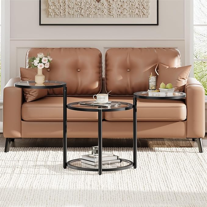 Round Glass Coffee Table - 4 Tier Coffee Tables for Living Room with Rotating Top, Circle Coffee Table with Storage, Modern Clear Center Table with Metal Frame for Small Space, Office, Black