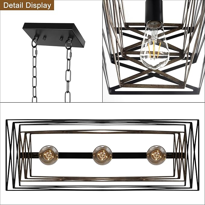 21''Farmhouse Dining Room Light Fixture,3-Light Kitchen Island Lighting,Industrial Chandelier for Dining Room Over Table Kitchen Bar,Linear Chandelier with Retro Wood Texture Interior
