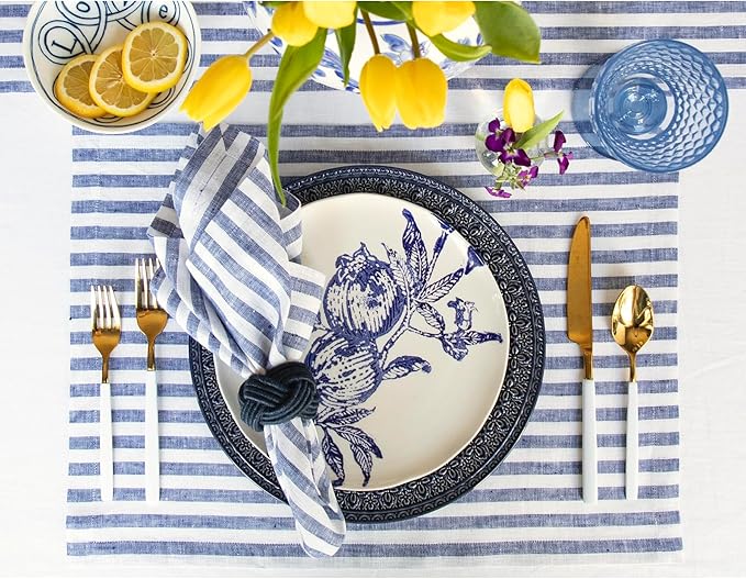 Solino Home Linen Placemats Set of 4 - Amalfi Stripe Navy and White Placemats 14 x 19 Inch - 100% Pure Linen Place Mats for Fall, Autumn, Thanksgiving, Christmas, Holiday