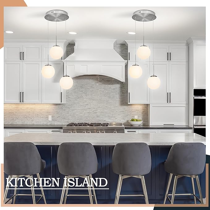 KoKo&Yukina 3-Light Globe Glass Pendant Light Modern Nickel Glass Chandelier Adjustable Length Pendant Lights Fixtures with Milky White Globe Ceiling Light for Kitchen Island (Bulb & Remote Incl.)