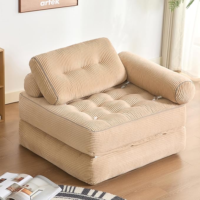 Plus Futon Sofa Bed for Small Spaces, Floor Couch with Armrest, Folding Sofa Couch, Convertible Sleeper Chair Bed with Pillow, Portable Comfy Floor Lounge for Living Room and Bedroom, Camel