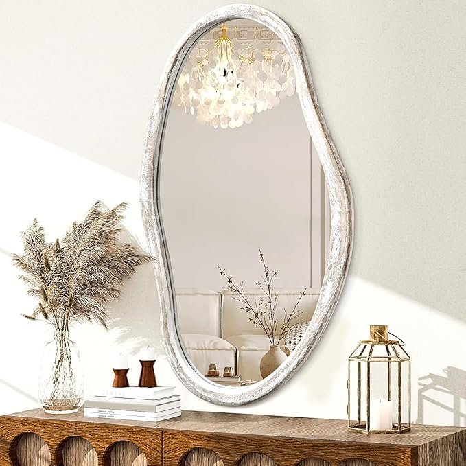 JJUUYOU Irregular Wall Mirror Asymmetrical Wooden Frame Modern Hanging Mirror 30"x18" Large Wall Mounted Makeup Dressing Mirrors for Bathroom Bedroom Living Room Hallway White