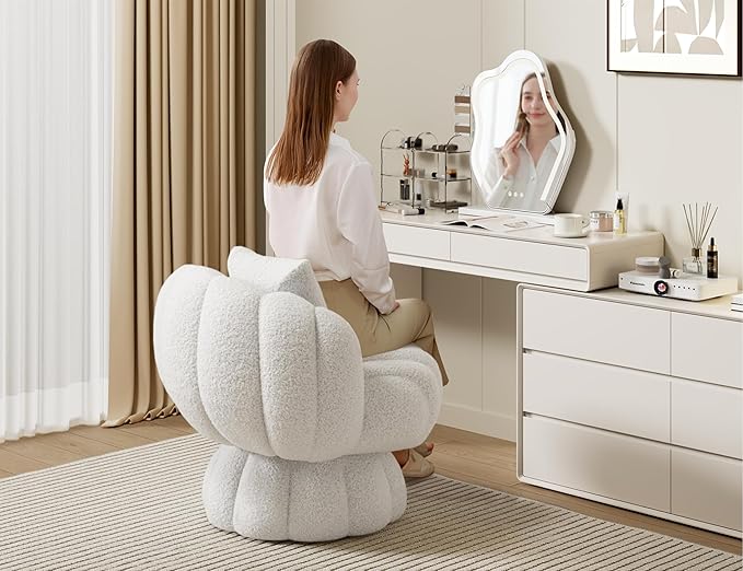 Mid Century Modern 360 Degree Barrel Swivel Accent Vanity Chair,Fluffy Sherpa Fabric Lounge Wide Upholstered Pumpkin Reading Chair, Round Cloud Armchair for Living Room,Bedroom,Vanity(Beige)