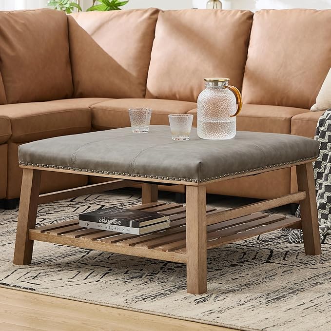 Large Square Coffee Table with Storage,Modern Faux Leather Ottoman Coffee Table,Luxury Upholstered Couch Table for Living Room/Sofa/Bedroom,Grey