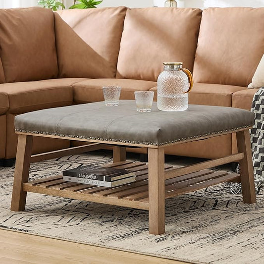 Large Square Coffee Table with Storage,Modern Faux Leather Ottoman Coffee Table,Luxury Upholstered Couch Table for Living Room/Sofa/Bedroom,Grey