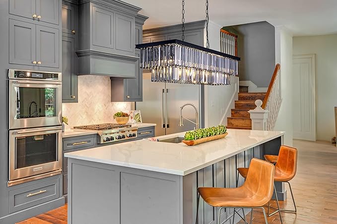 Wellmet Crystal Chandelier 47 inch, 11-Light Modern Smoke Grey Rectangular Crystal Chandelier Ceiling Hanging, Linear Chandeliers Light Fixture for Living Room, Dining Room, Bedroom, Kitchen Island