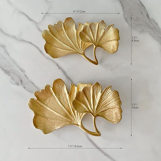 Metal Jewelry Dish, Small Leaf Shaped Ring Holder Jewelry Organizer, Trinket Dish Vanity Tray for Dresser Christmas Birthday Wedding Gifts 2-Tier Ginkgo(Large)-gold