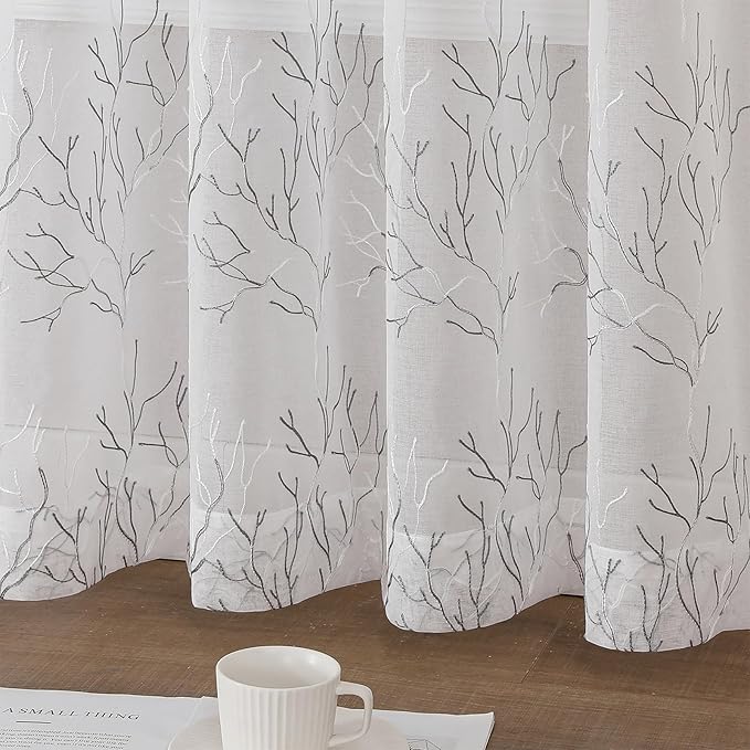 VISIONTEX Sheer Curtains 72 inch Length 2 Panels Set, Decorative Grey Coral Embroidery, Rod Pocket Embroidered Window Drapes for Living Room and Bedroom, 54" x 72"