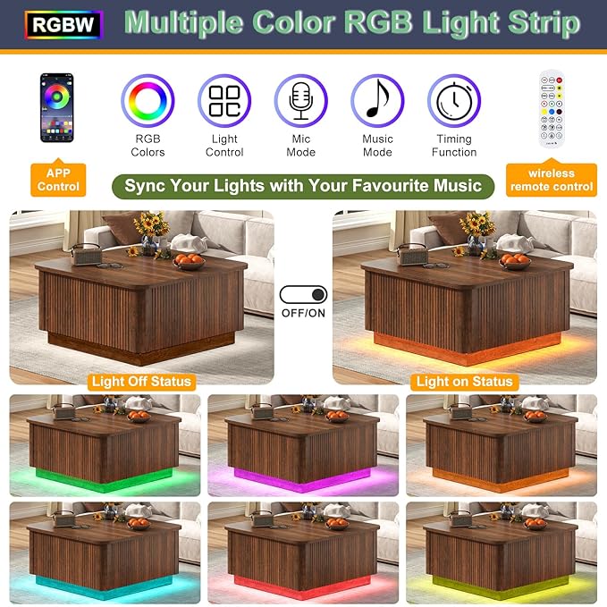 Lift Top Coffee Table with Storage,Wood Square Coffee Tables W/6000-Colors Lighting,Multi-Function Groove Texture Center Table W/Large Hidden Space for Living Room,Bedroom,Home,Office(Walnut)