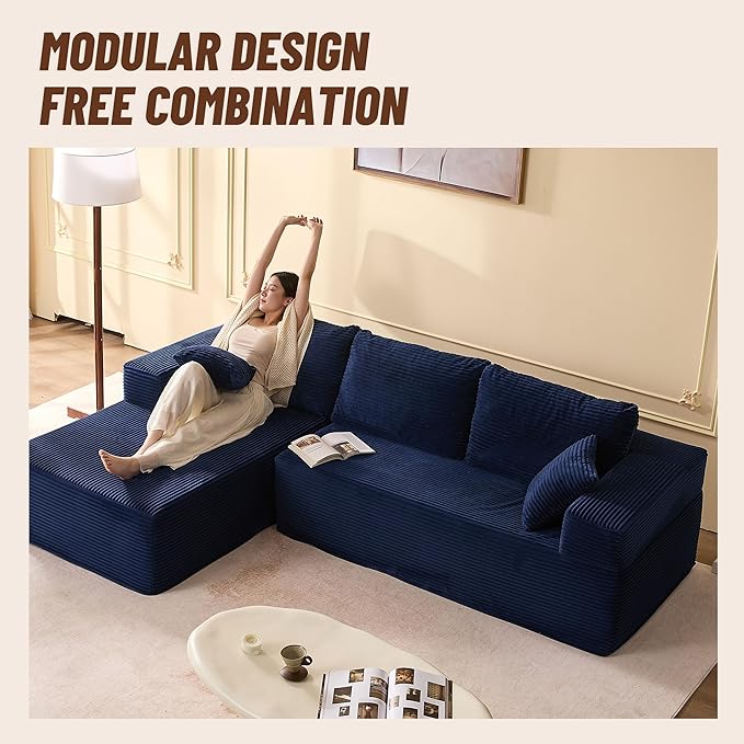 107" Boneless Couch with Deep Seat, Modular Sectional Sofa, Cloud Sectional Couch for Living Room, No Assembly Required, Corduroy, L-Shape Left，Blue