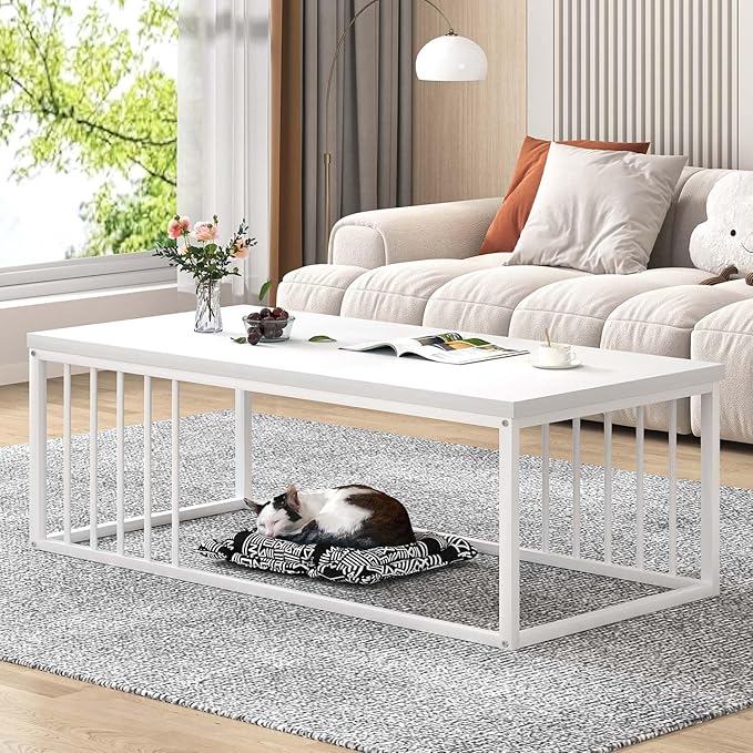 FOLUBAN White Coffee Table, Modern Rustic Wood and Metal Center Table, Industrial Rectangle Cocktail Tea Table for Living Room, White, 43.3 Inch