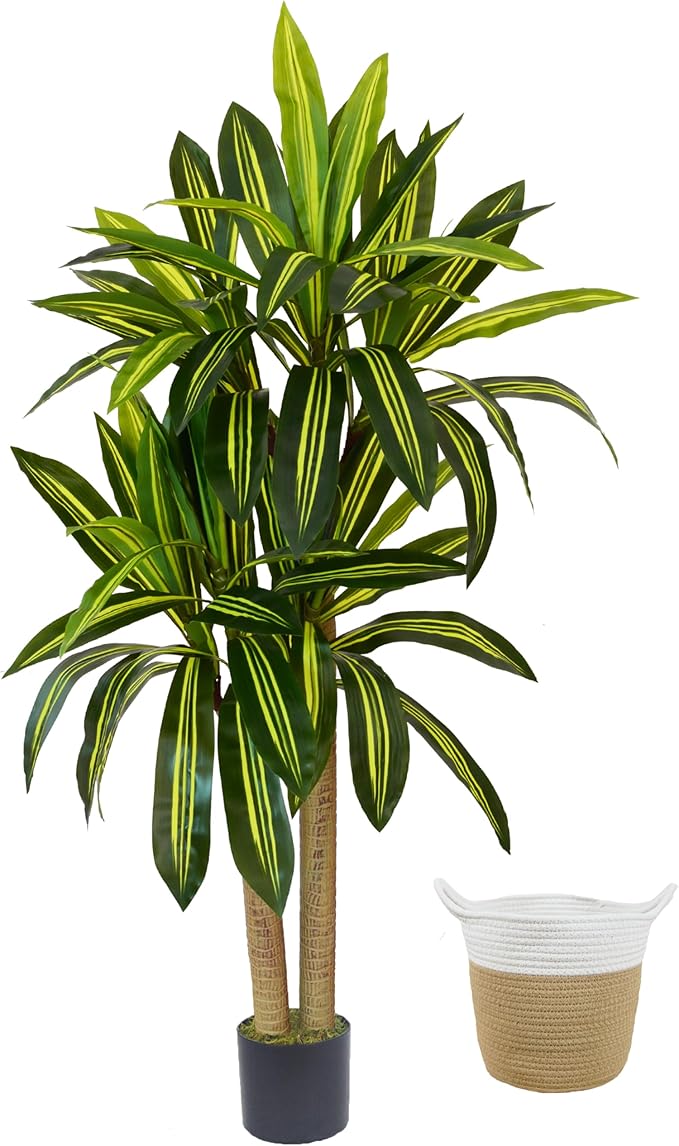 Artificial Dracaena Tree, 5ft Tall Fake Dracaena Plant with Basket, Indoor Outdoor Faux Topiary Yucca Trees for Office Home Living Room Porch Patio Décor