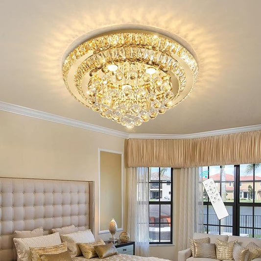 Modern Glam Crystal Chandelier Dining Room Bedroom Ceiling Lights Chandelier with Dimmable Bulbs Ceiling Lighting Fixture 23.6 Inches Gold Light