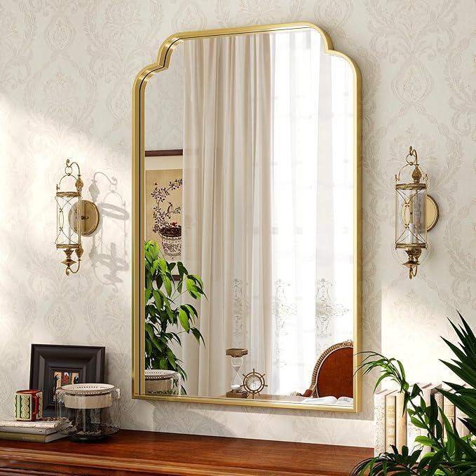 24" x 36" Gold Arch Bathroom Mirror, Wall Mounted Vanity Mirror with Metal Frame, Modern Scalloped Wall Mirror for Sink, Bedroom, Living Room, Entry, Farmhouse Home
