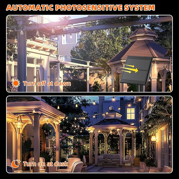 Kawaya Solar Powered String Lights: 50 FT LED Outdoor Patio Hanging Lights With 25+2 Edison Bulbs - USB-Charging - IP65 Waterproof