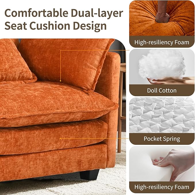 SweetGO corporation 40" Chenille Lounge Chair for Reading, Modern Couch Cozy Sofa Bed, Upholstered Living Room Single Sofa Accent Chair with Ottoman, Orange