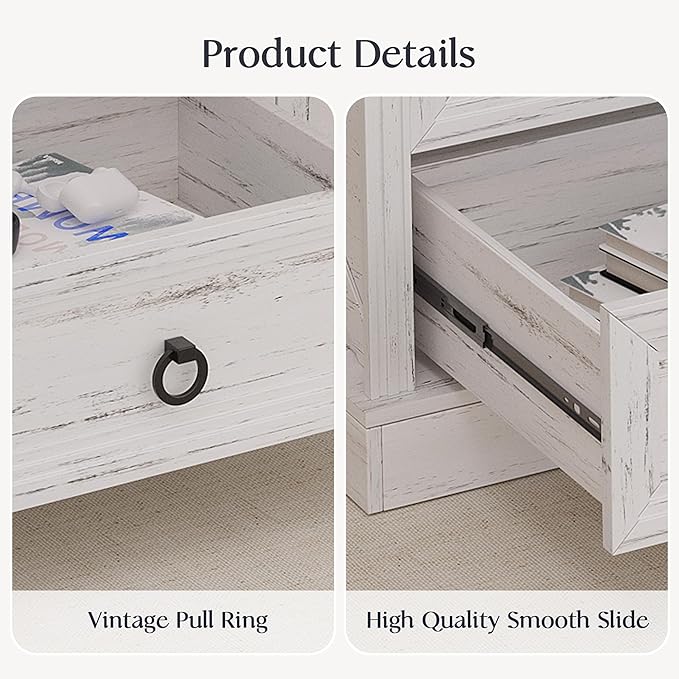 Coffee Table with Storage, 47.2 in Farmhouse Wooden Center Table with 4 Drawers for Living Room, Antique White Walnut, Easy Assembly Rectangle Home Office Tea Accent Table for Apartment