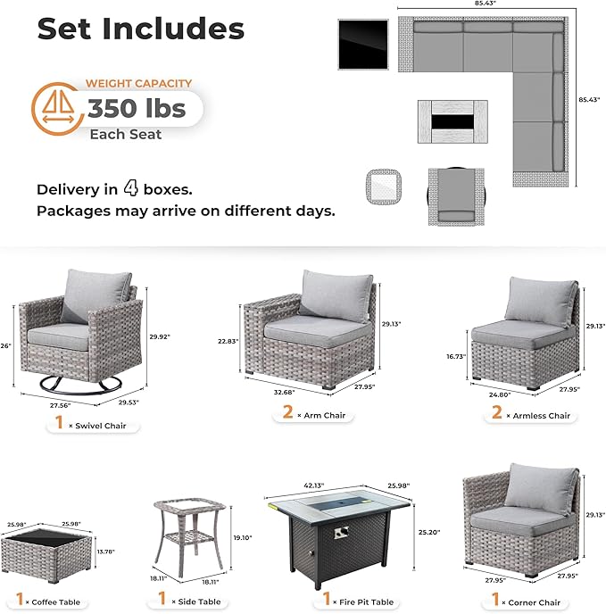 ovios 9 Pieces Patio Furniture Set, Outdoor Wicker Sectional Sofa with 42" Firepit Table Swivel Chair, Modern Modular Deep Seat Rattan Couch Conversation Sets, Dark Grey