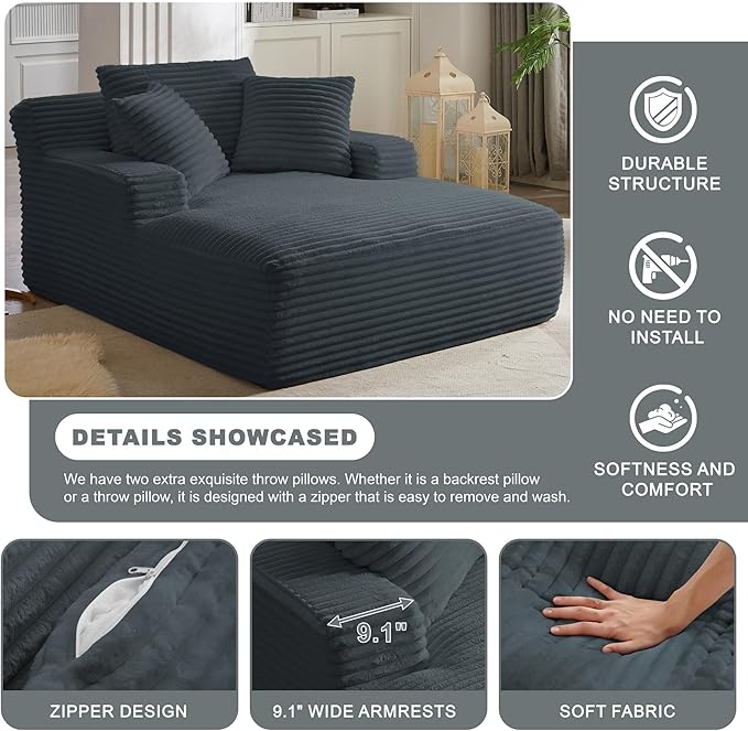 Boneless Couch Sofa Chiar Chaise Lounge Chair Indoor Upholstered Corduroy Couch Cloud Sleeper Sofa Oversized Reading Chair for Living Room No Assembly Required (Dark Grey, 50" W x 80" D)