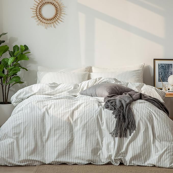 MooMee Striped Duvet Cover Set 100% Washed Cotton Linen Like Textured Breathable Durable Soft Comfy (White Dark Grey Wide Stripes, Super King 108"x98")